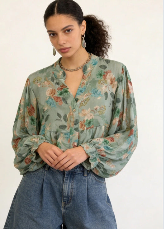 FLORAL TUNIC BLOUSE - 10-16 - GREEN