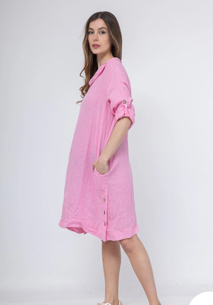 COWL BUTTON DETAIL LINEN DRESS - 10-16 - PINK