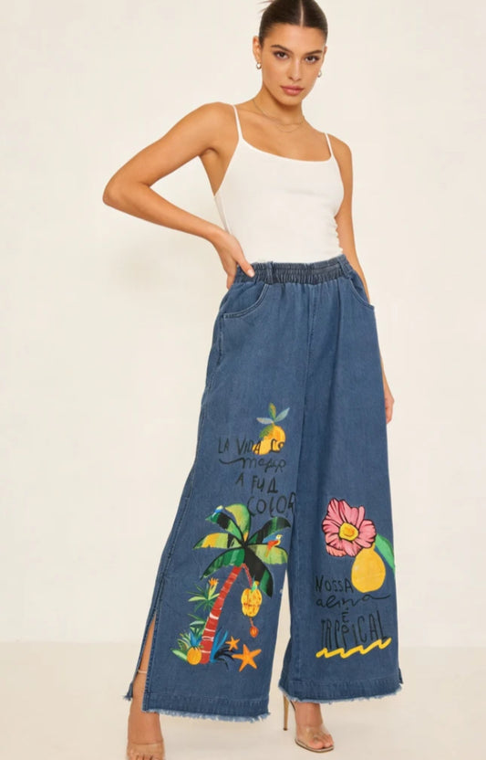 EMBROIDERED DENIM PALAZZO - 12-16