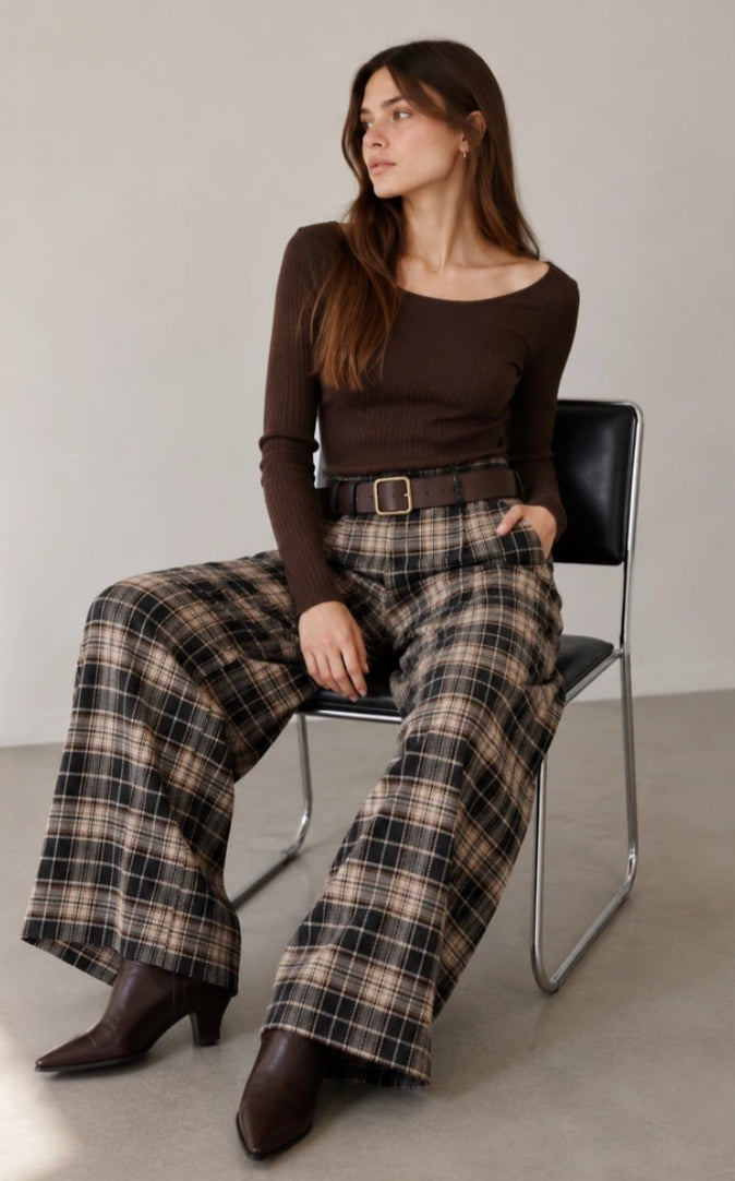 BELTED CHECK PALAZZO - 10-16 - BEIGE