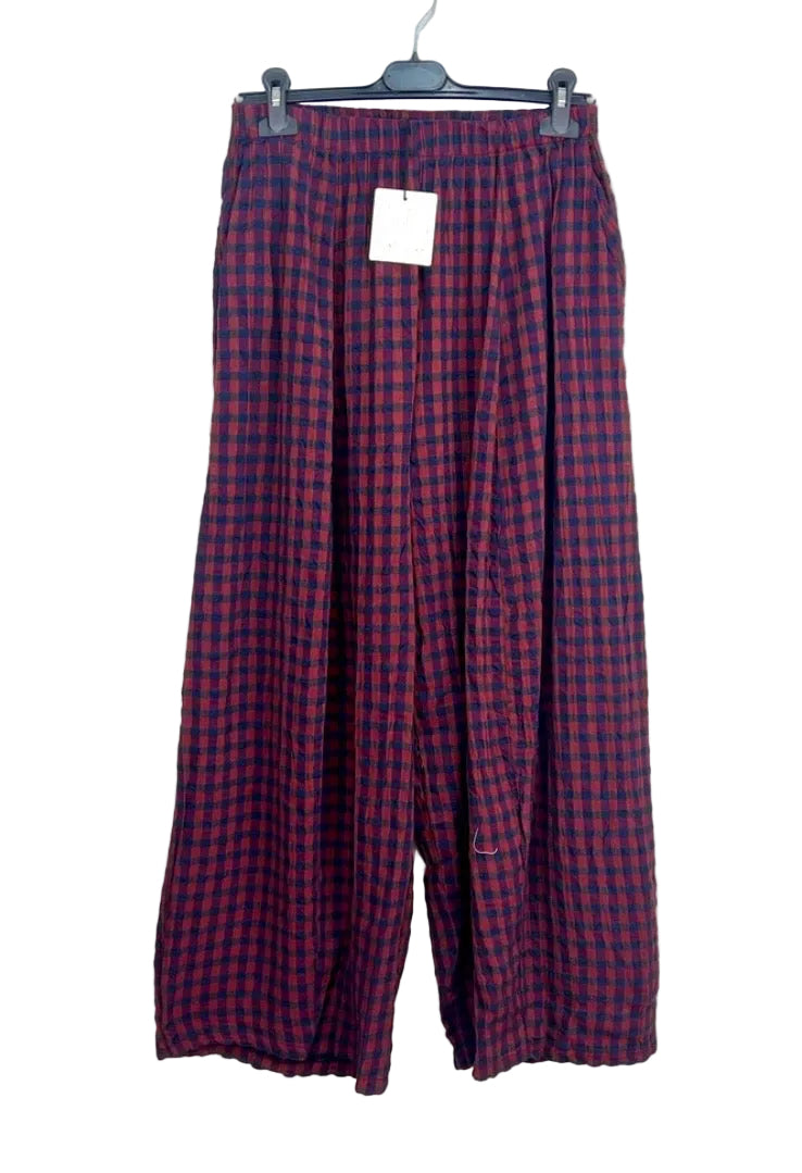 COTTON BLEND CHECK PALAZZO- 10-16- BURGUNDY