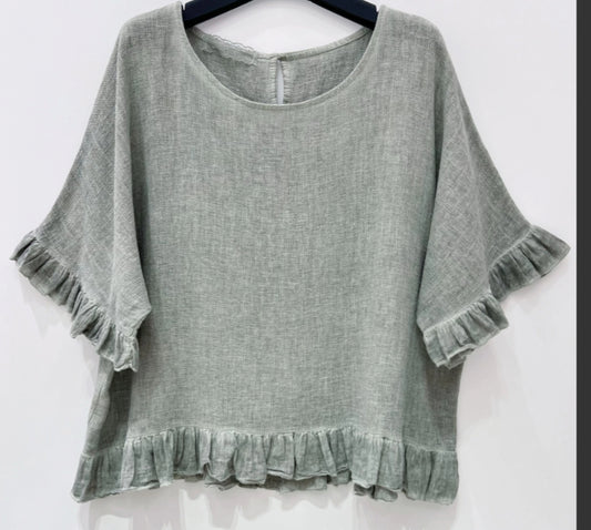 COTTON/LINEN FRILL HEM TOP - 10-16 - KHAKI