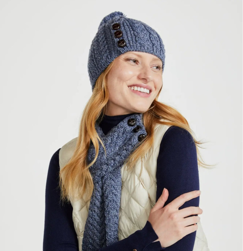 MERINO WOOL BUTTON POM HAT - DENIM BLUE - MADE IN IRELAND