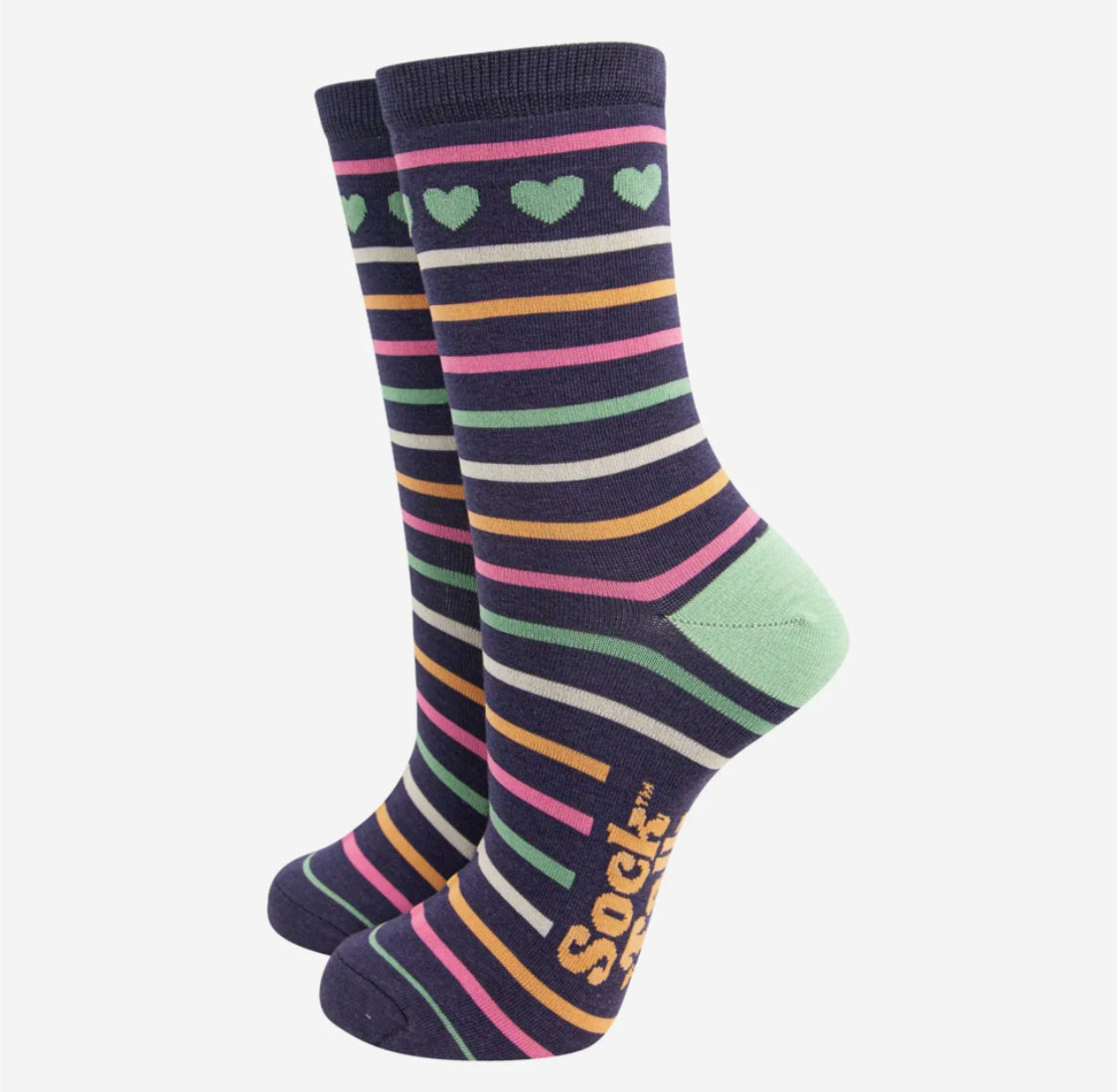 STRIPE HEART BAMBOO SOCKS - NAVY