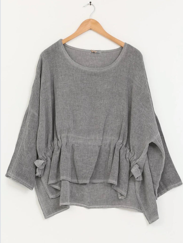 COTTON LINEN RUCHED TOP - 10-16 - CHARCOAL