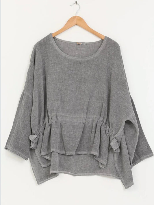 COTTON LINEN RUCHED TOP - 10-16 - CHARCOAL