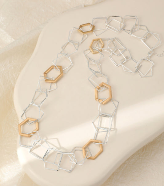 GEOMETRIC MIXED METAL LONG NECKLACE