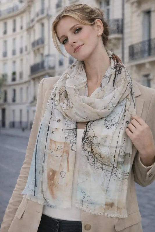 ABSTRACT CAT PRINT SCARF- TAUPE