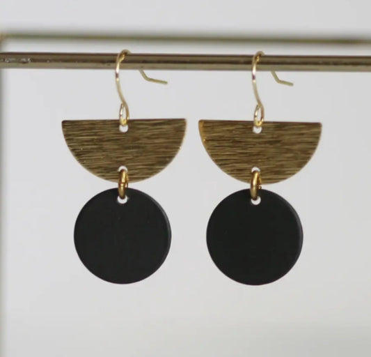 KAIKO - BLACK & BRASS MOON & CIRCLE EARRINGS - GOLD PLATED