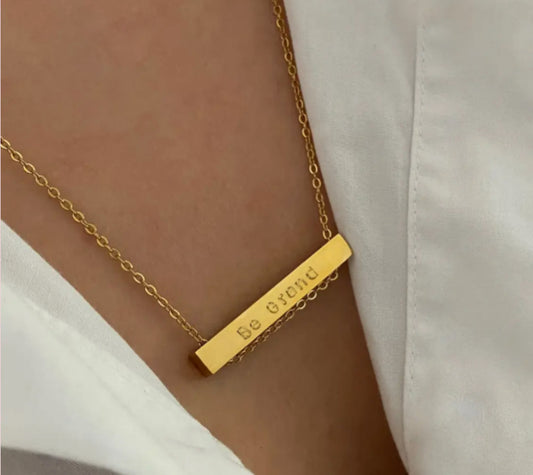 ‘SURE LOOK - BE GRAND’ ENGRAVED BAR NECKLACE - 18CT GOLD PLATED - MADE IN IRELAND