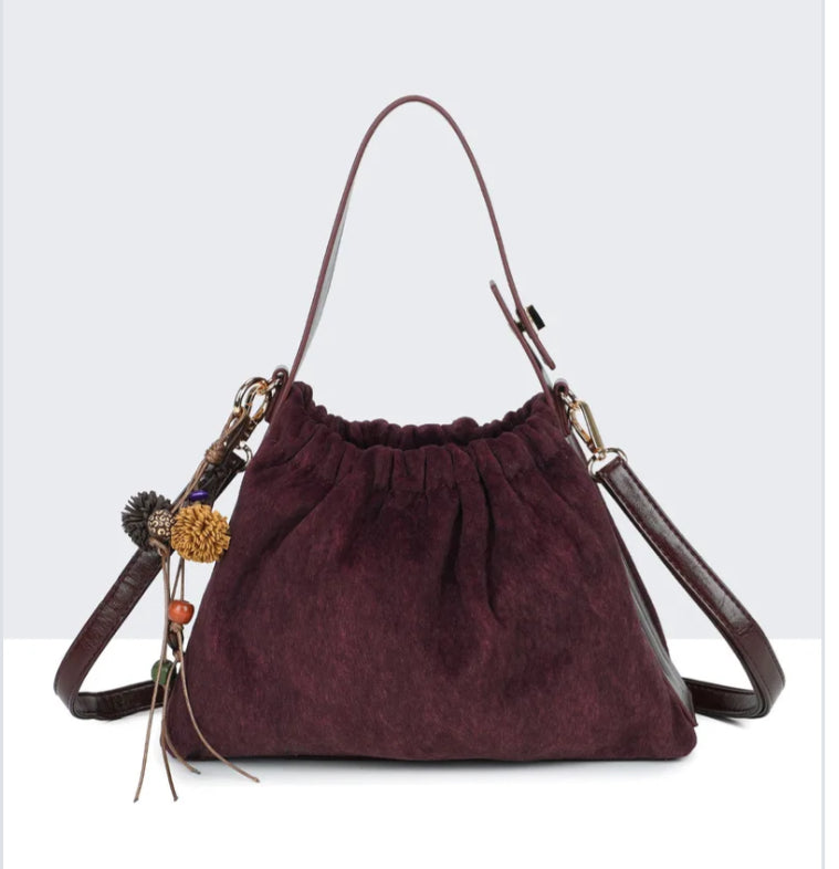 VELOUR POM BAG - BURGUNDY