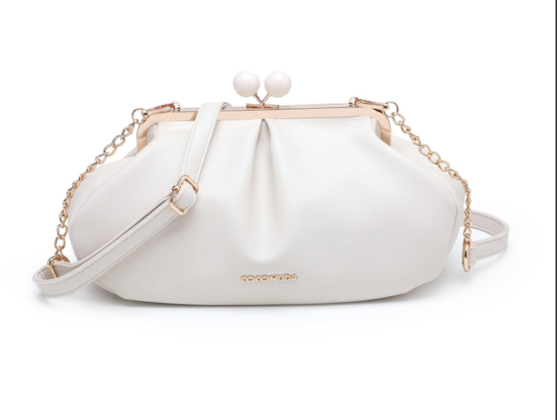 VINTAGE CLASP CLUTCH WITH CHAIN STRAP - WHITE
