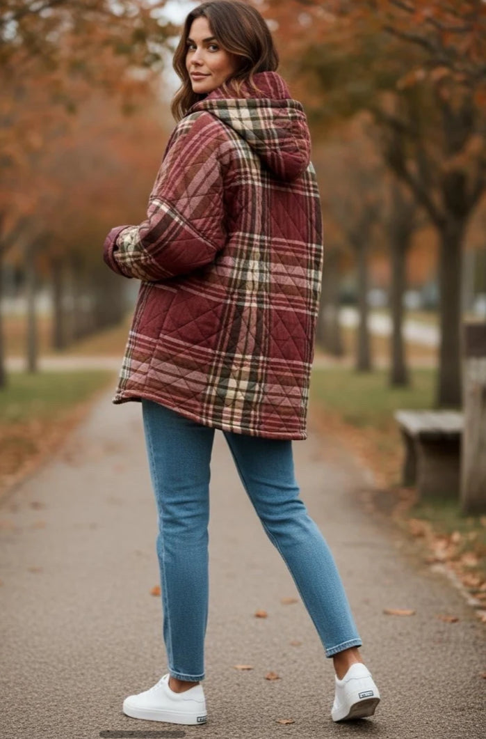 CHECK DOWN FILLED COAT - 12-18 -BURGUNDY