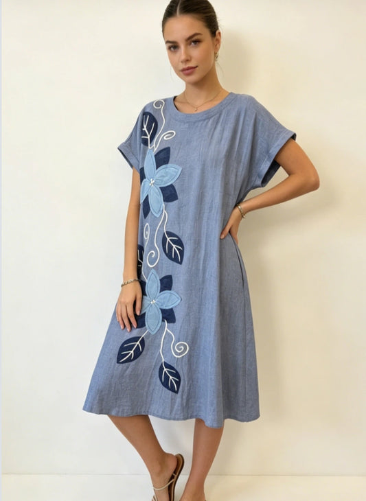 FLORAL APPLIQUÉ DRESS - 10-16 - BLUE