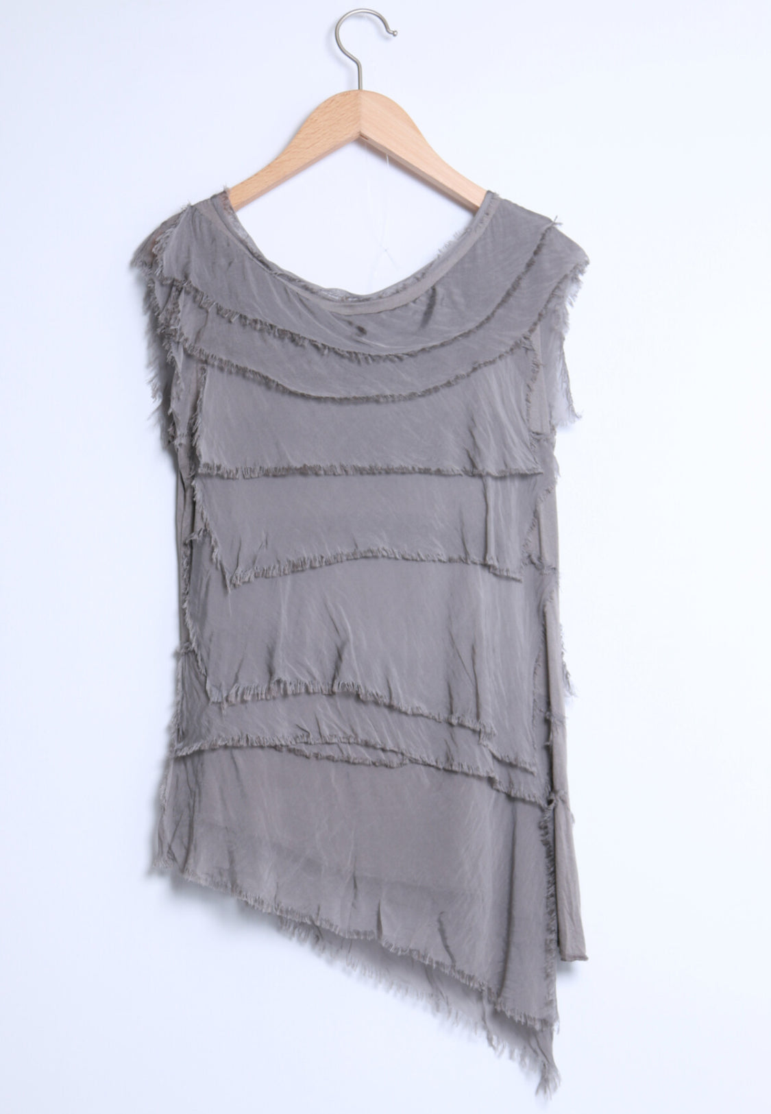 SILK BLEND ASYMMETRIC RUFFLE TOP - 8-12 - TAUPE