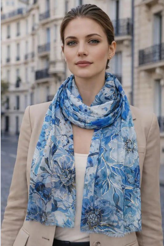 FOIL FLORAL PRINT SCARF - BLUE