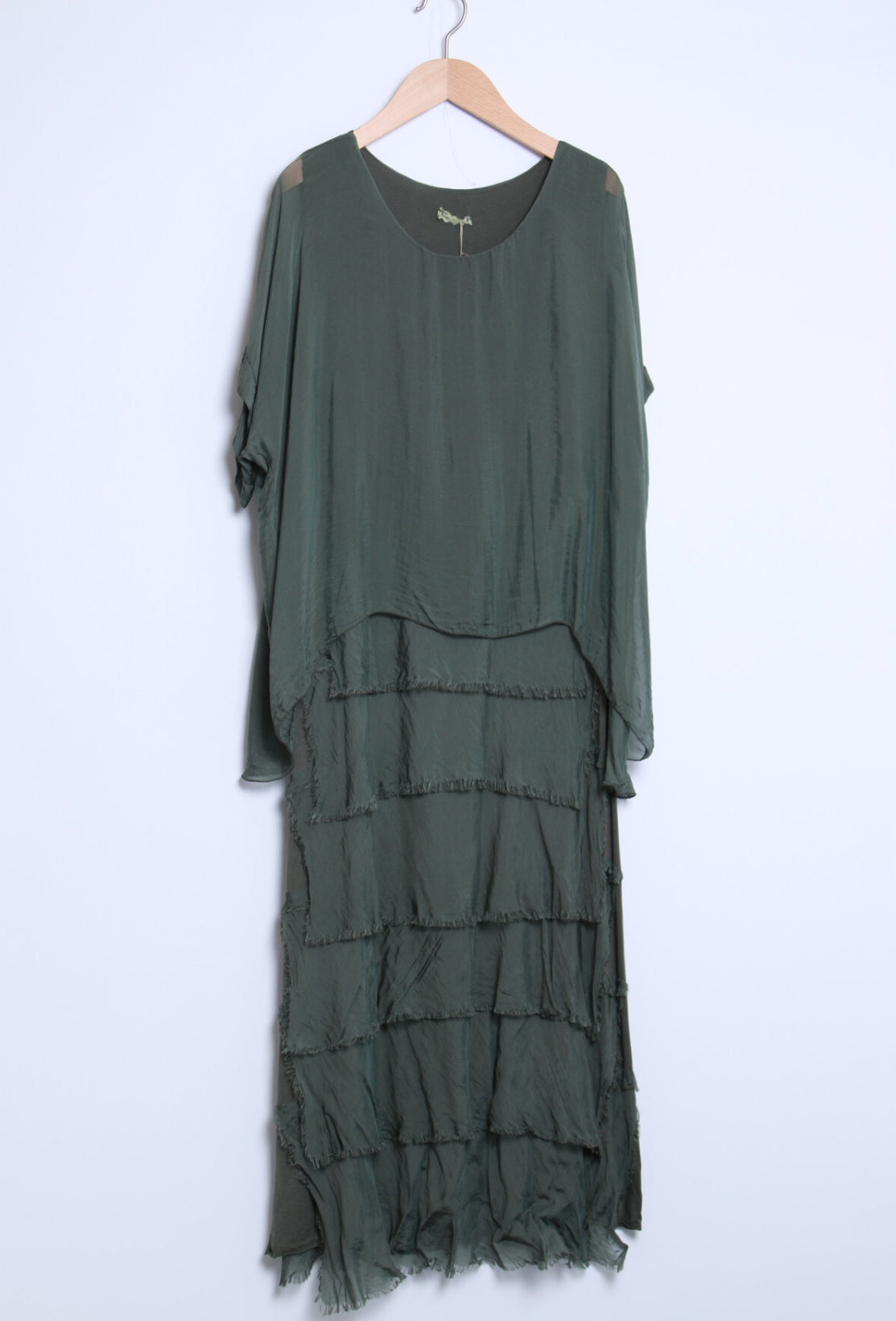 SILK BLEND LAYERED RUFFLE DRESS - KHAKI