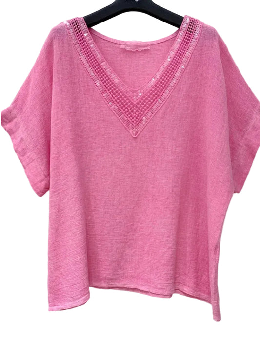 COTTON/LINEN SEQUIN TRIM TOP - 10-16 - PINK