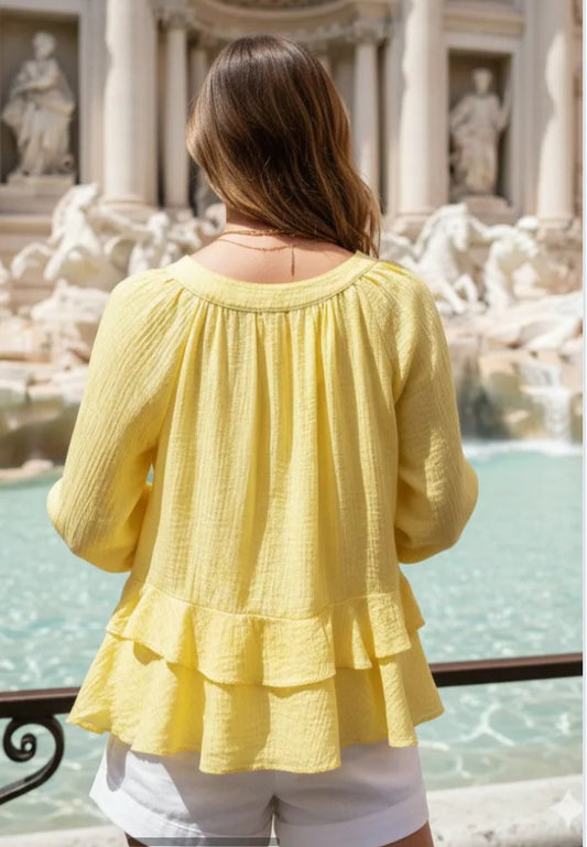 FRILL BUTTON BLOUSE - 8-14 - LEMON