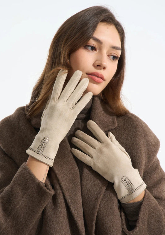 RHINESTONE SUEDETTE GLOVES- BEIGE