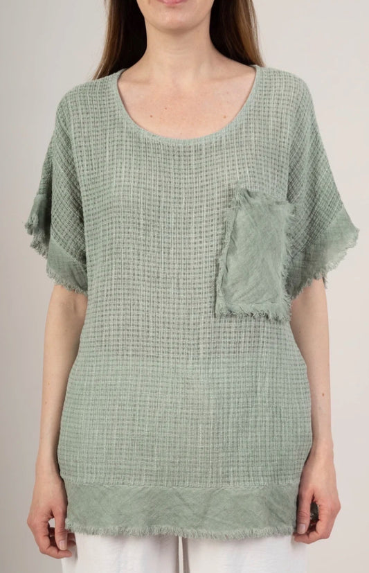 MESH COTTON/LINEN BLEND POCKET TOP - 10-16 - KHAKI