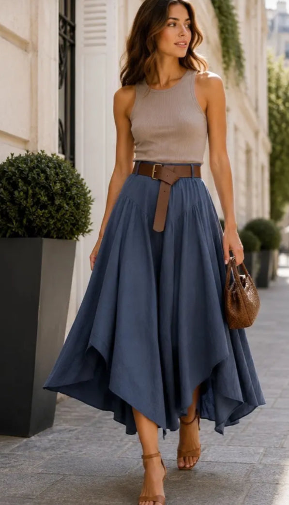 COTTON ASYMMETRIC SKIRT WITH BELT - 8-14 - NAVY
