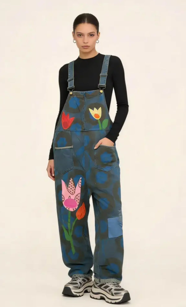 PRINT DENIM DUNGAREES - 10-16