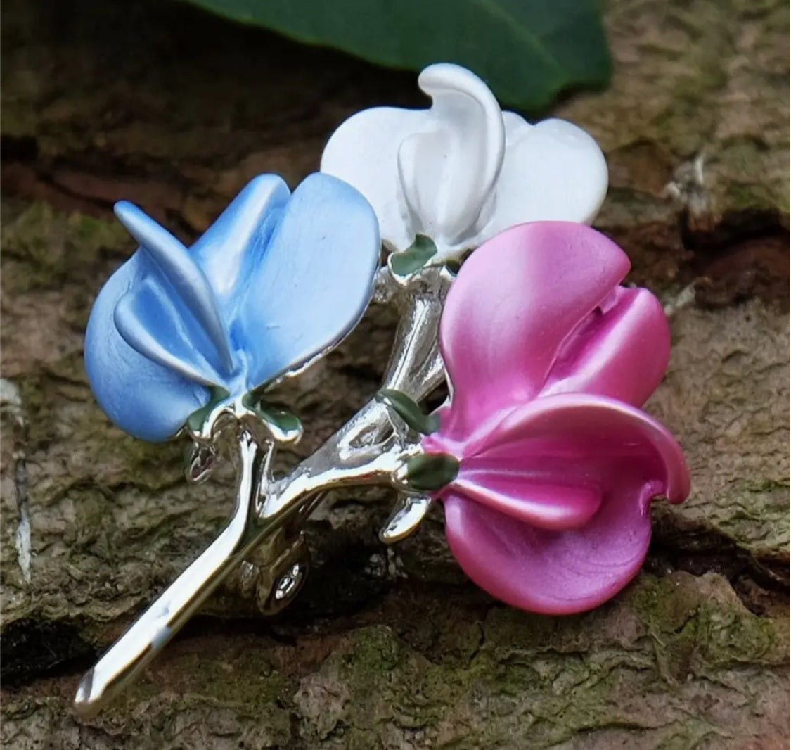 SWEET PEA HAND ENAMELLED SILVER PLATED BROOCH