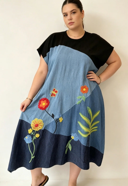 COTTON DENIM EMBROIDERED DRESS - 12-18