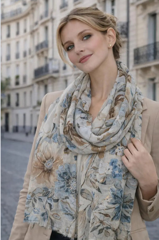 FOIL FLORAL PRINT SCARF - TAUPE