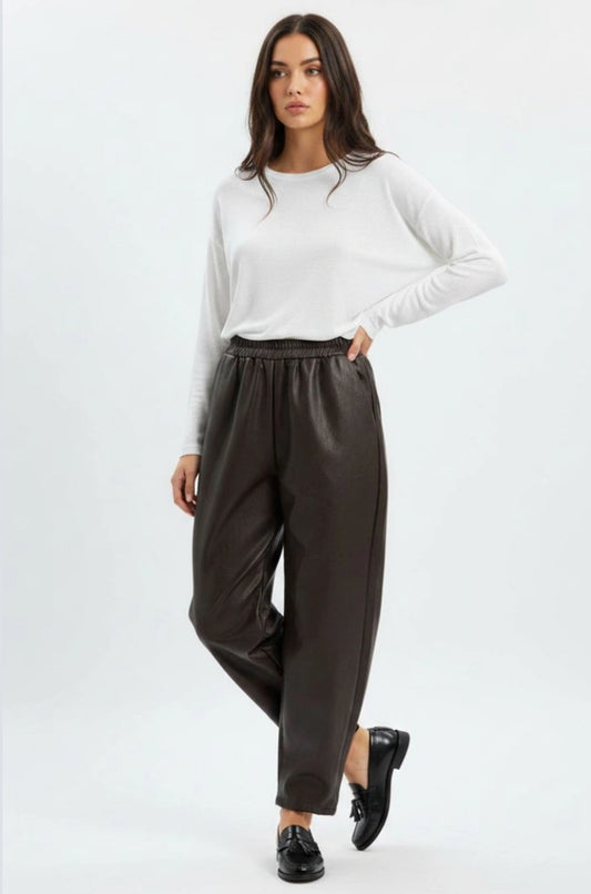 LEATHERETTE BARREL PANTS - 10-16 - CHOCOLATE