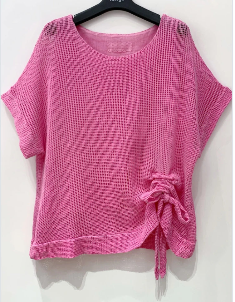 MESH RUCHED COTTON TOP - 10-16 - FUSCHIA