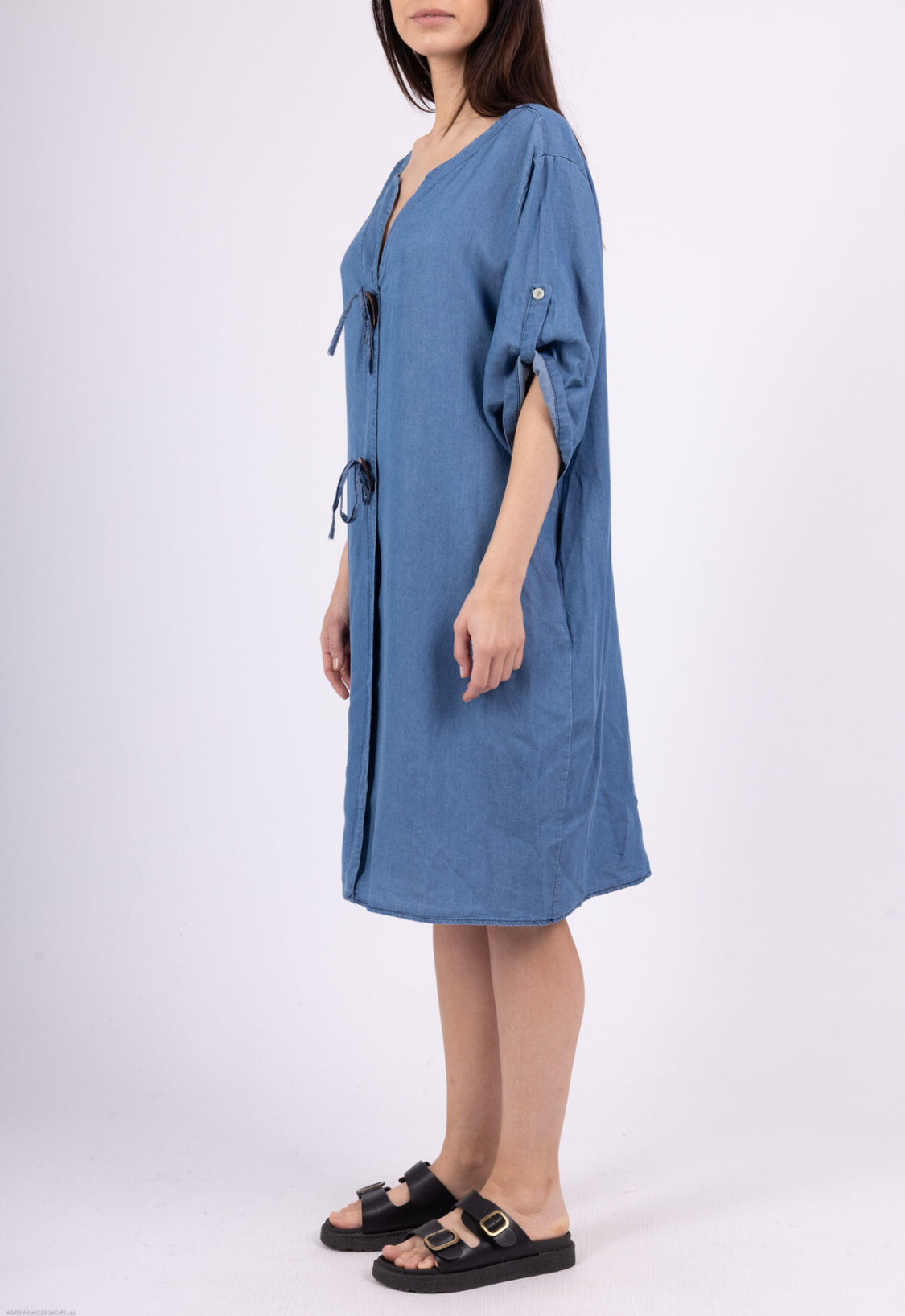 COTTON BUTTON DETAIL DENIM TUNIC DRESS - 10-16 - MID WASH