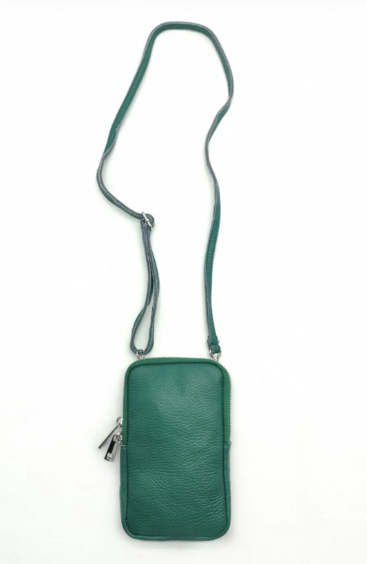 LEATHER CROSSBODY PHONE BAG - GREEN
