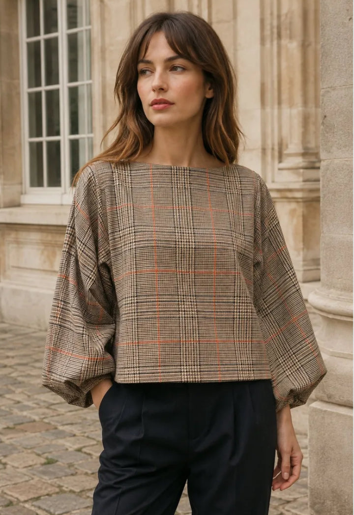 CHECK BELL SLEEVE TOP - 10-14