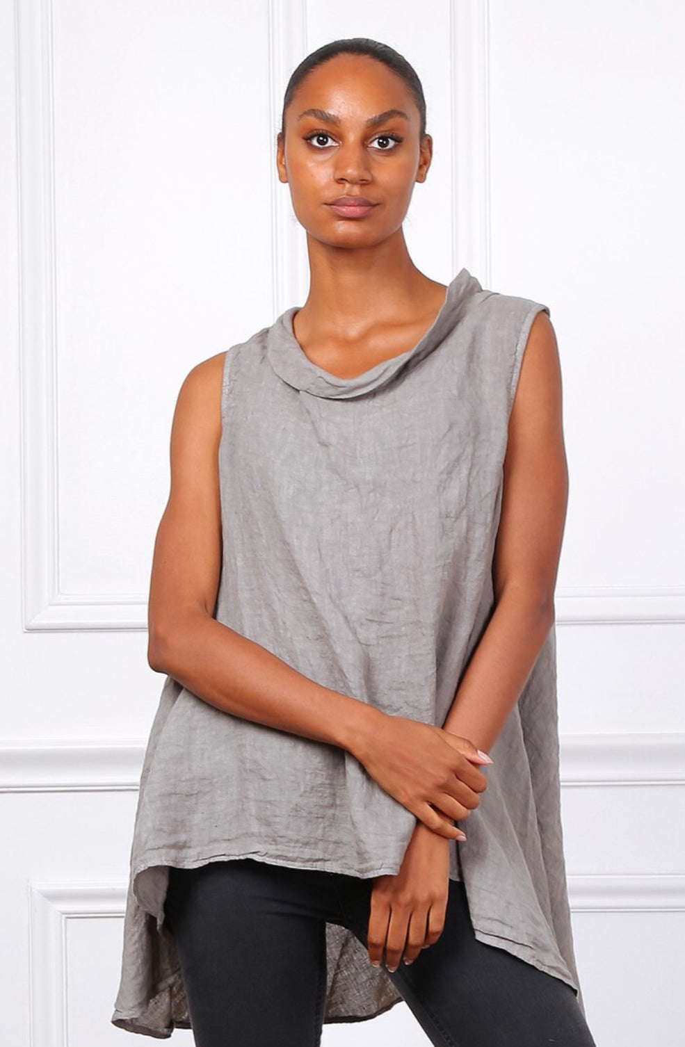 COWL DIP HEM LINEN TOP - 10-16 - TAUPE