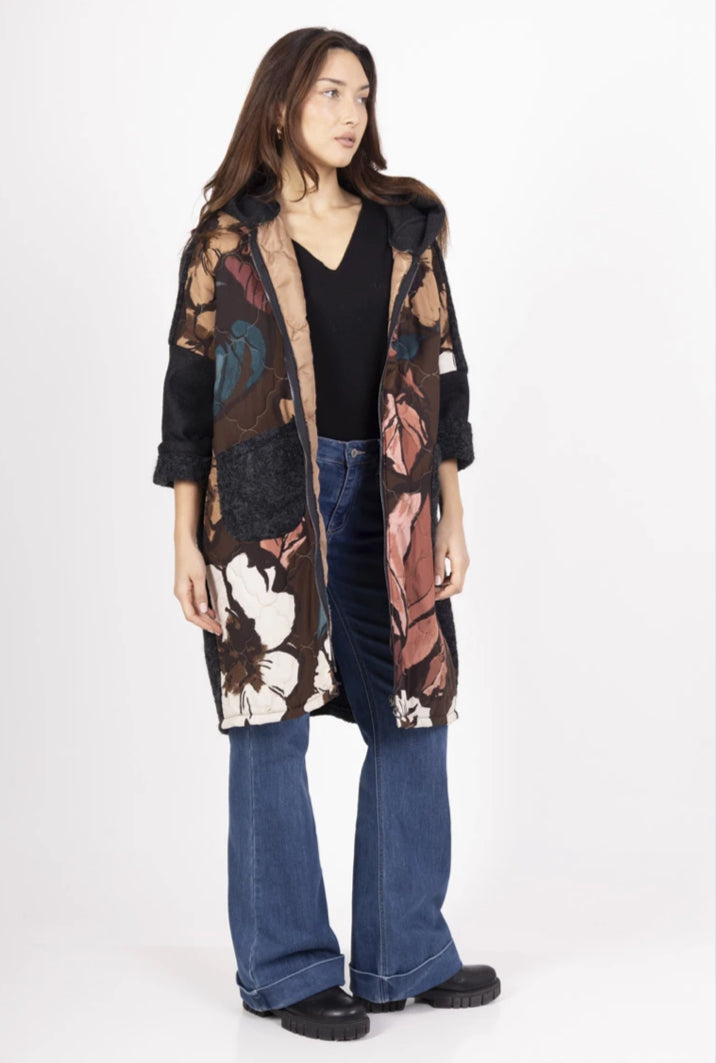 QUILTED FLORAL COAT WITH HOOD - 10-16 - BROWN