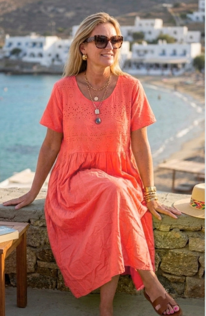 COTTON EMBROIDERY DRESS - 14-18 - CORAL