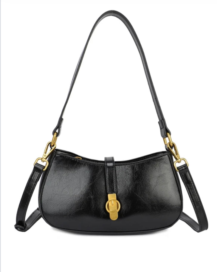 CLASP DETAIL DOUBLE STRAP BAG - BLACK