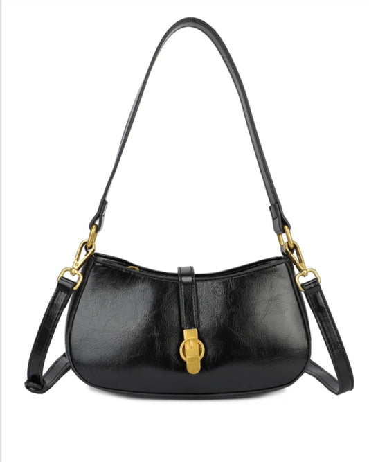 CLASP DETAIL DOUBLE STRAP BAG - BLACK