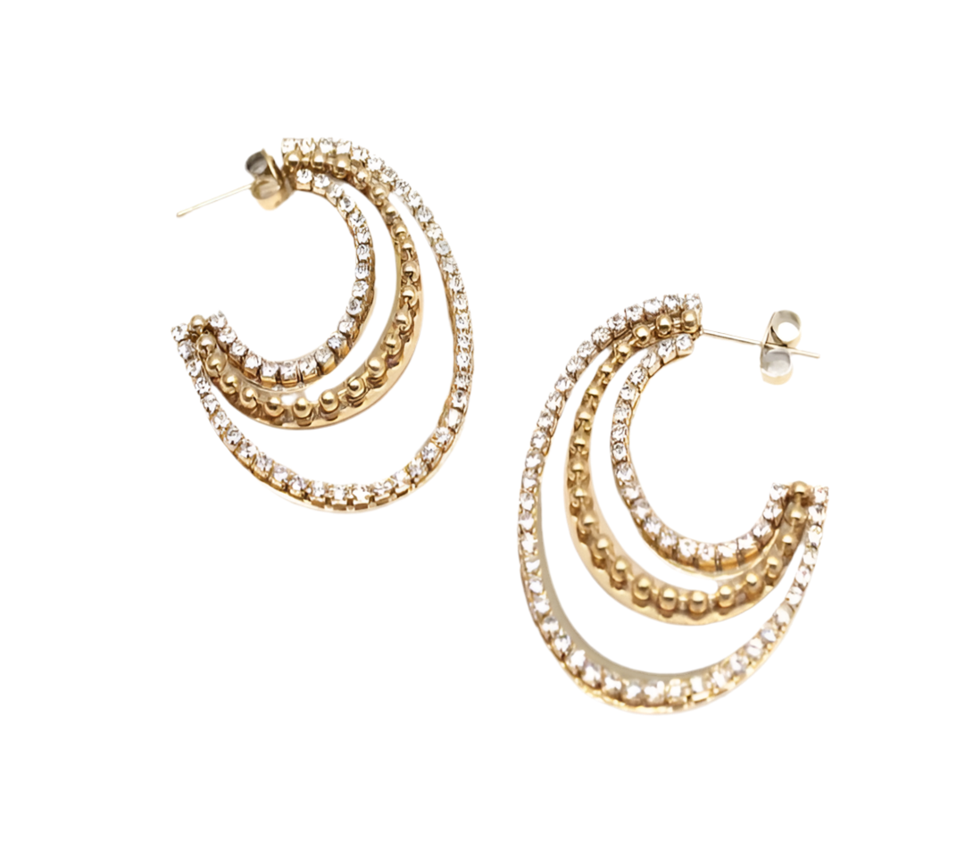 TRIPLE STRAND CRYSTAL HOOP STUD EARRINGS - GOLD