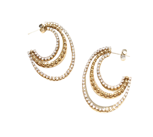 TRIPLE STRAND CRYSTAL HOOP STUD EARRINGS - GOLD