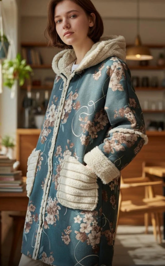FUR TRIM PRINTED COAT - 10-16 - TEAL