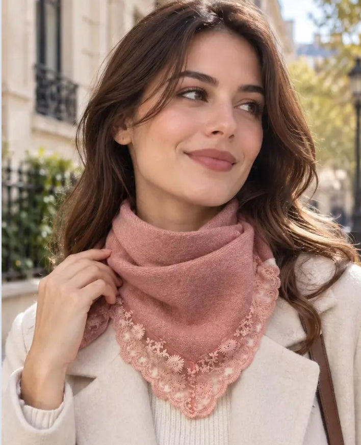 LACE TRIM TRIANGLE KNIT SCARF
