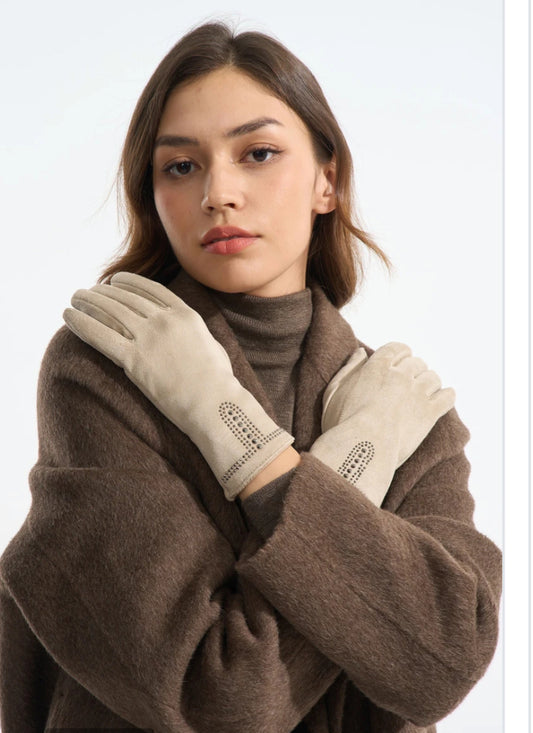 RHINESTONE SUEDETTE GLOVES- BEIGE