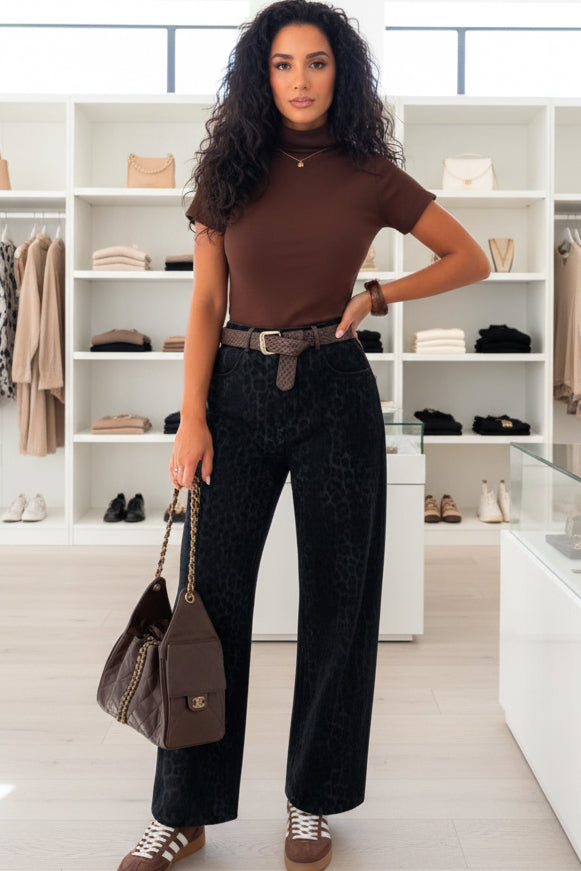 LEOPARD PRINT PANTS WITH BELT - 10-16 - BLACK