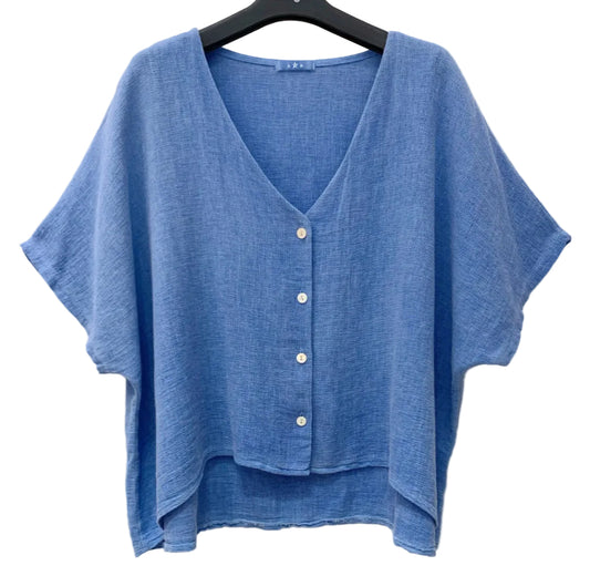 LINEN/COTTON BUTTON CARDI - 10-16 - BLUE