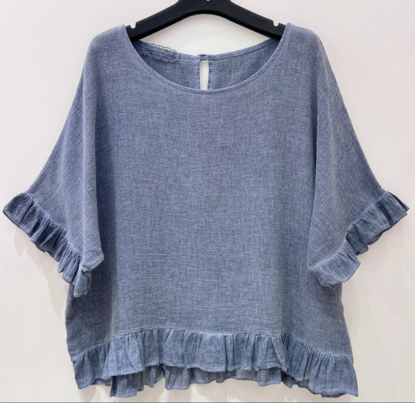 LINEN/COTTON FRILL HEM TOP - 10-16 - NAVY