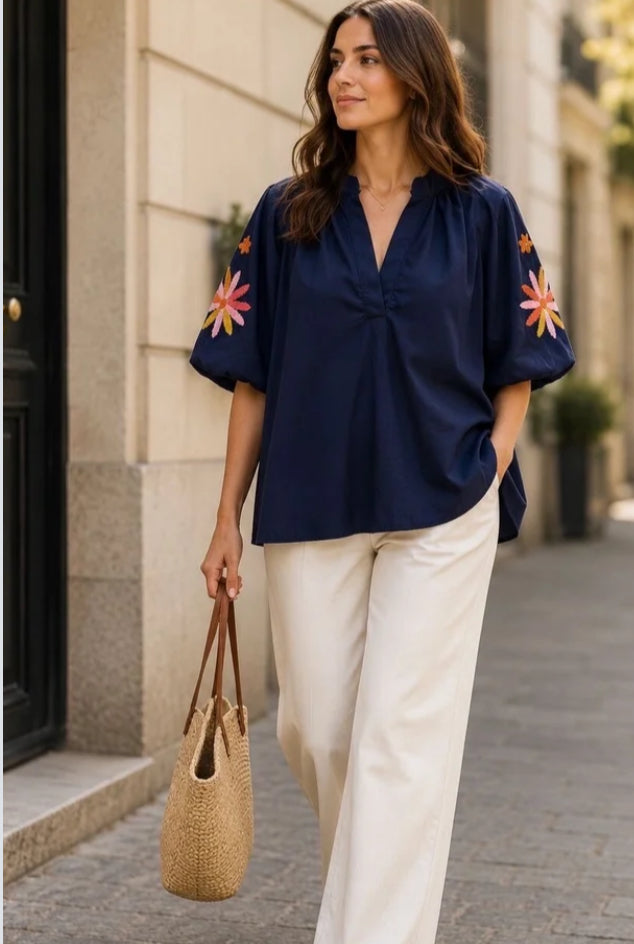 EMBROIDERED COTTON BLOUSE - 10-16 - NAVY