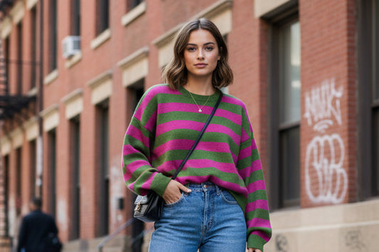 **SALE**CASHMERE BLEND STRIPE BOXY KNIT - 10-16 - GREEN/FUSCHIA